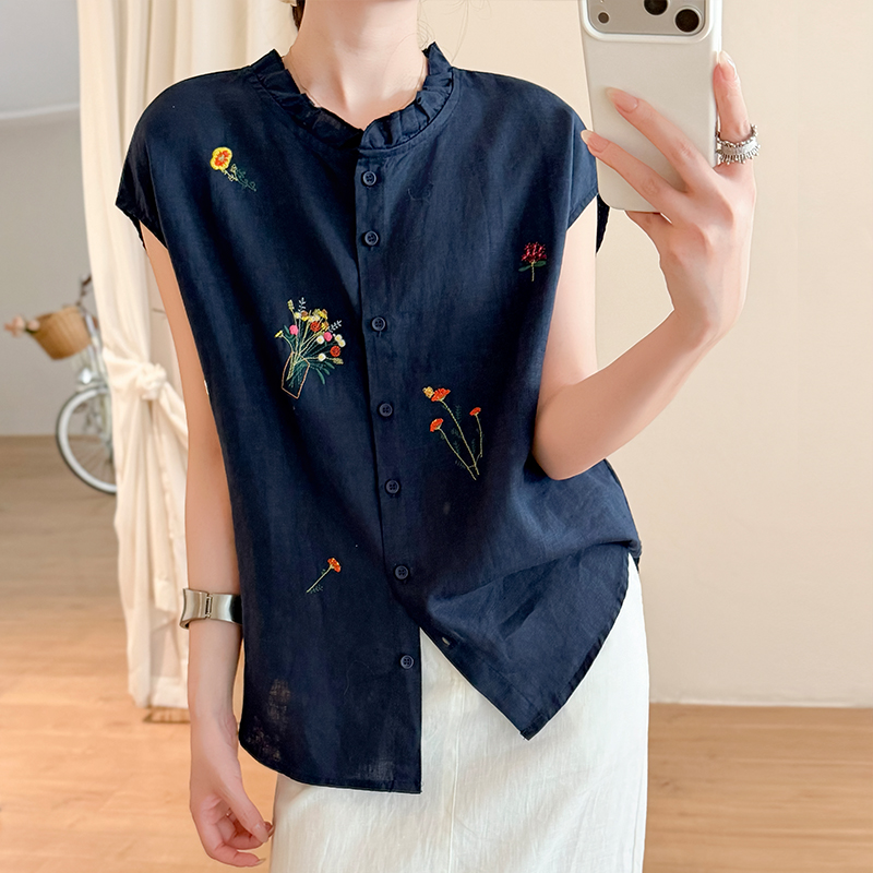 Embroidery Cardigan - Ultra-Thin Cotton-Linen Sleeveless Vest with Wood