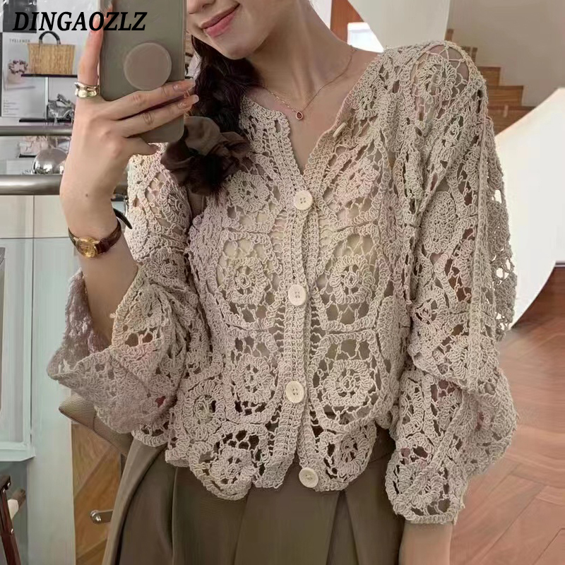 Embroidery Cardigan - Retro Hook Flower Hollow Out Tops